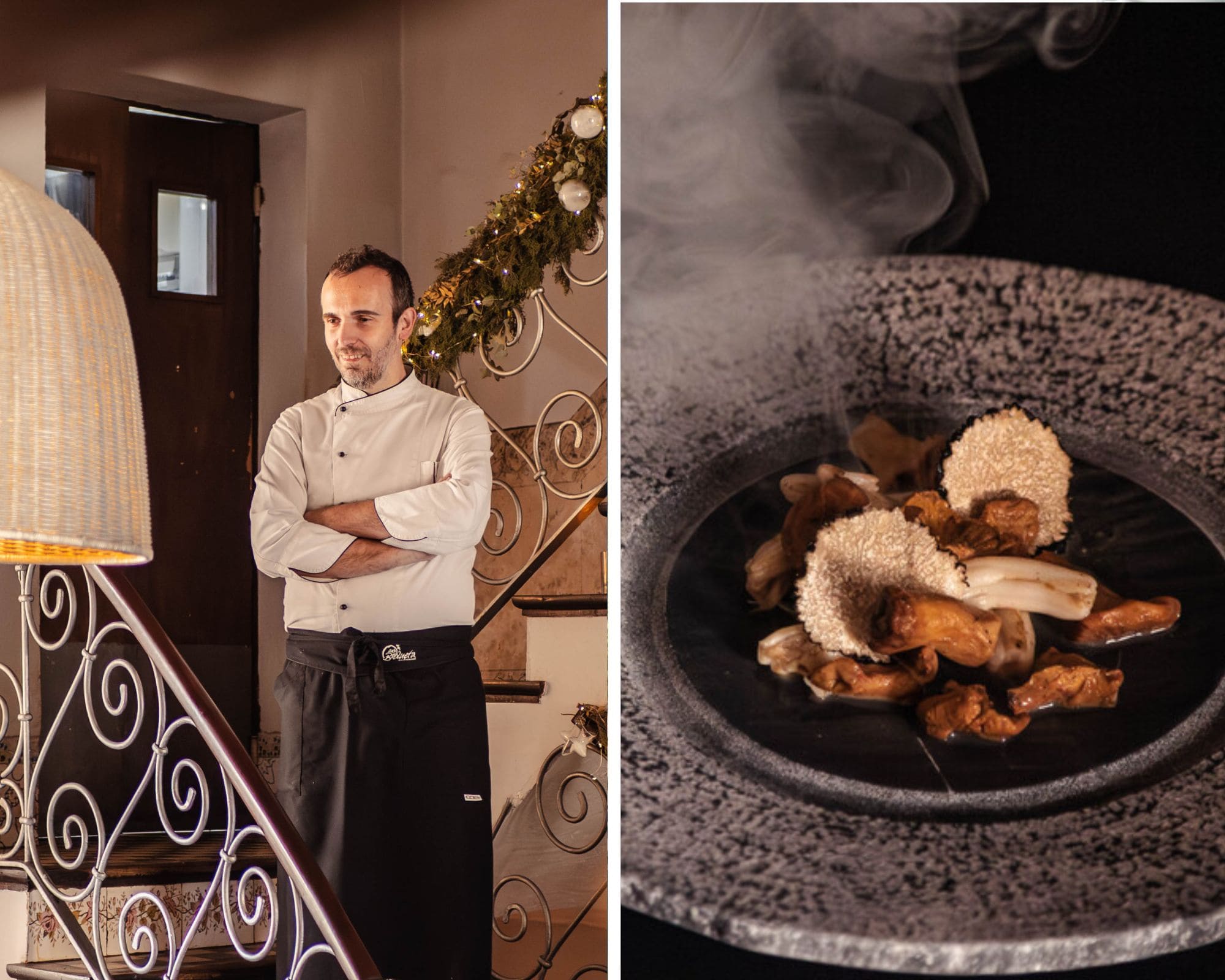 Xisco Martorell, chef del restaurante Ca´n Boqueta y uno de sus platos. © Derecha: Francisco Martortell Durán / Izquierda: Kiko Martorell/Ca´n Boqueta