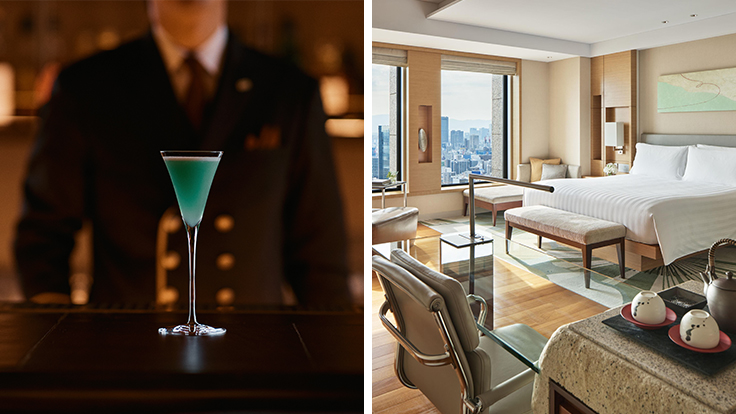 The Osaka Station Hotel, Autograph Collection 〈駅長室〉と書かれた扉の奥にある秘密のバー（左）と、インターコンチネンタルホテル大阪の客室（右）© The Osaka Station Hotel, Autograph Collection, © InterContinental Osaka