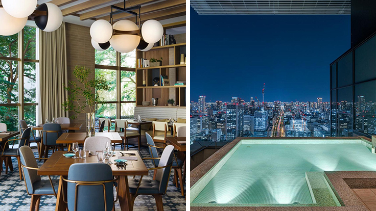 Zentis Osakaの「アップステアーズ／UPSTAIRZ」（左）と、Candeo Hotels Osaka The Towerのスカイスパ（右）© Zentis Osaka, © Candeo Hotels Osaka The Tower