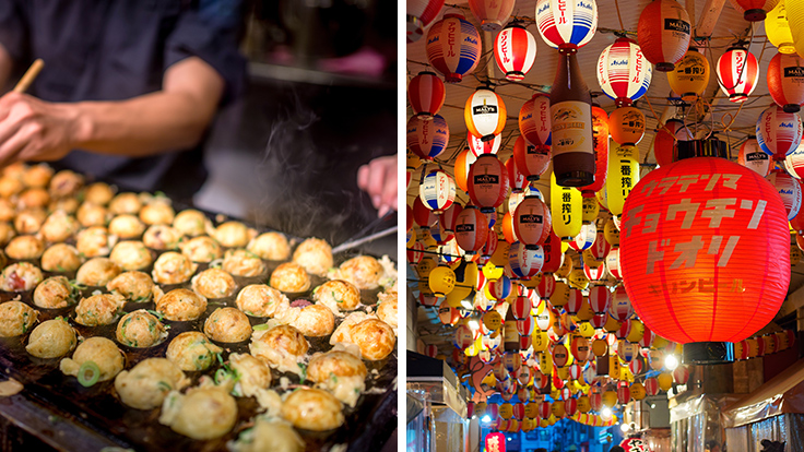 大阪名物たこ焼き（左）と、提灯が灯る裏天満ちょうちん通り（右）© martinhosmart083 , © Loco – stock.adobe.com