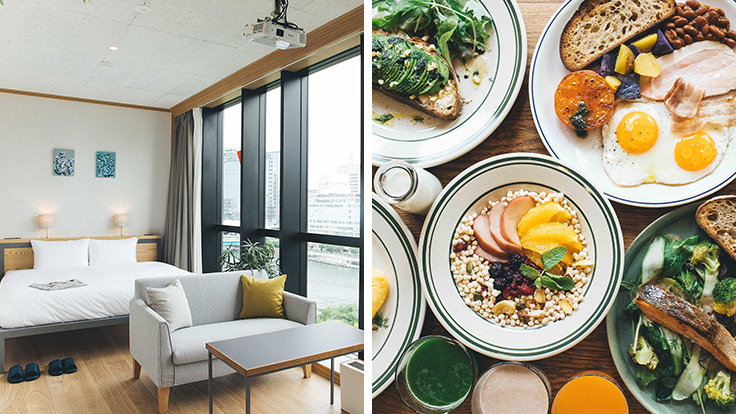 Hotel Noum Osakaの大川に面した客室（左）と、朝食（右）© Hotel Noum Osaka