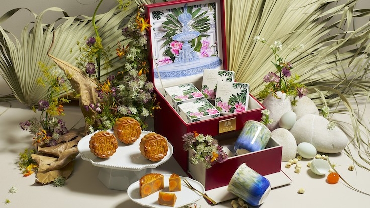 Raffles Hotel Singapore's premium mooncake box comes complete with handcrafted porcelain teacups and gold-plated cutlery.