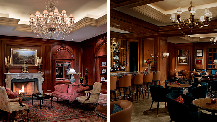 ザ・リッツ・カールトン大阪のロビー（左）と、重厚でクラシカルな趣の「ザ・バー」（右）© The Ritz-Carlton Osaka