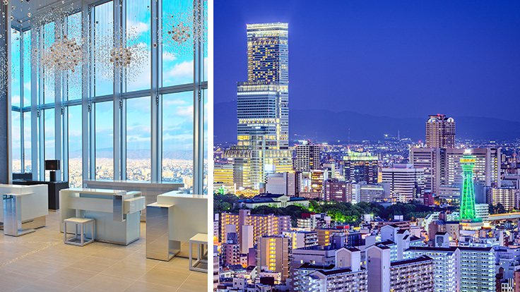 大阪マリオット都ホテルのロビー（左）と、ホテルが入るあべのハルカスと通天閣を望む夜景（右） © Osaka Marriott Miyako Hotel, © SeanPavonePhoto – stock.adobe.com