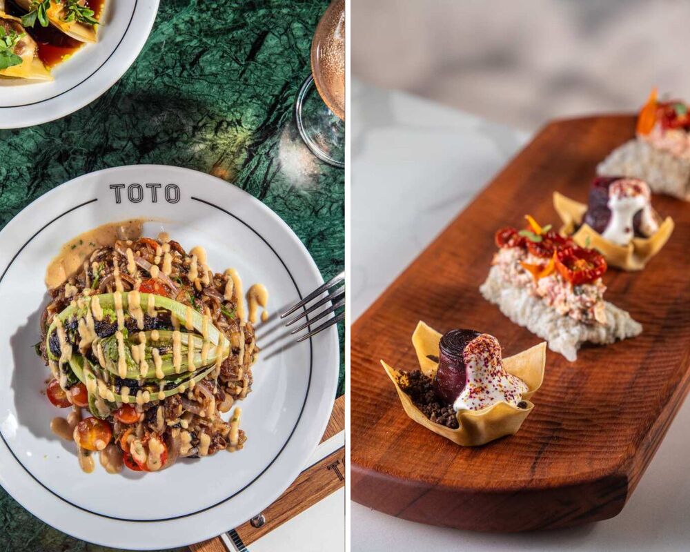 À esquerda, um prato da proposta descomplicada do Toto; à direita, aperitivos do sofisticado Oseille. © Tomás Rangel/Toto