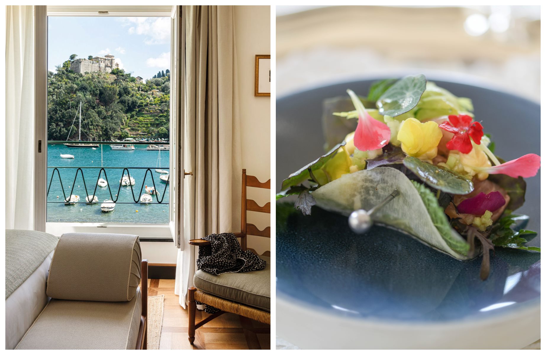Savor La Dolce Vita in Portofino, Liguria: Stunning seaside views, luxury dining and timeless Italian charm await. © (L) Splendido Mare, A Belmond Hotel, Portofino, (R) Benedetta Bassanelli/Da Vittorio