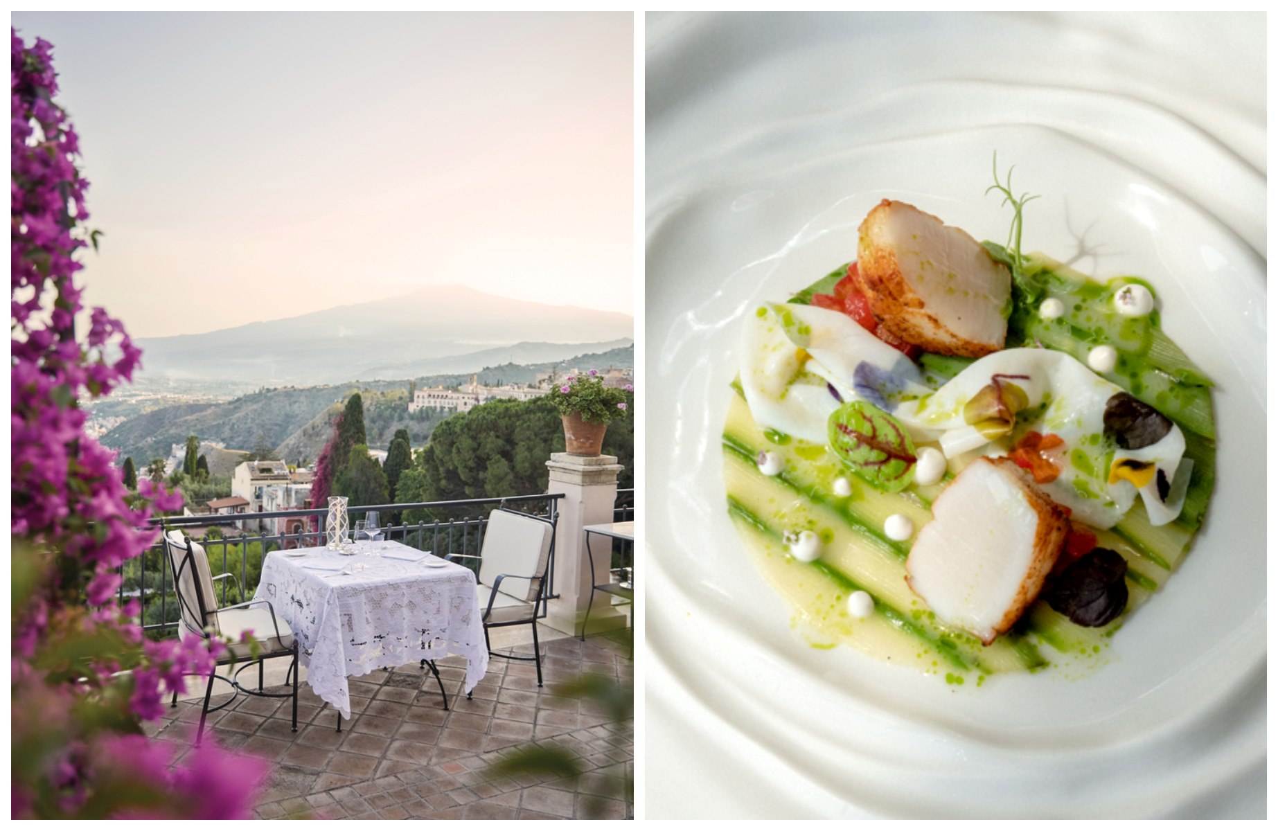 At Otto Geleng, Taormina’s intimate MICHELIN-Starred setting, Chef Roberto Toro reimagines Sicilian classics with views of Mount Etna and the Greek Theater. © Belmond Courtesy/Otto Geleng