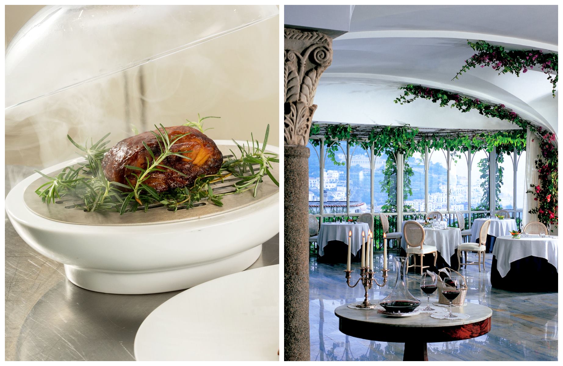 Savor culinary artistry at Glicine, the One-MICHELIN-Starred restaurant at Hotel Santa Caterina, where panoramic terraces overlook the Tyrrhenian Sea. © Glicine