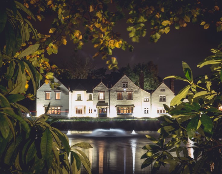 The Moor Hall country house lit up at night. © Moor Hall
