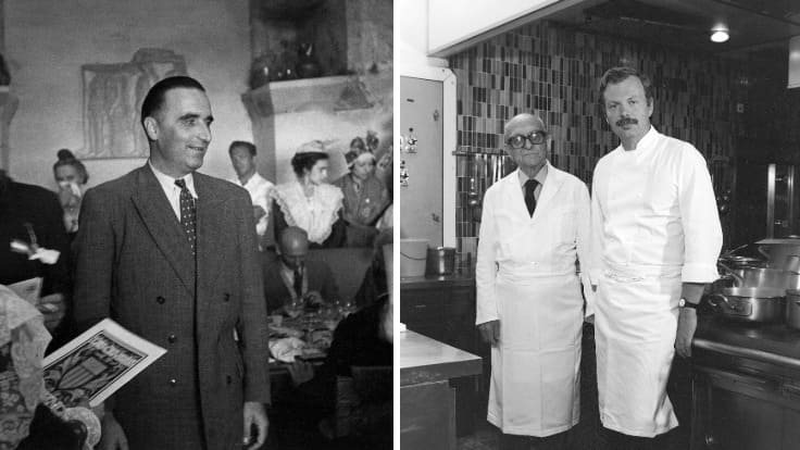 Georges Pompidou, ami de Raymond Thuilier, à Baumanière en 1947 / Raymond Thuilier et Jean-André Charial en cuisine en 1969 © Archives de Baumanière