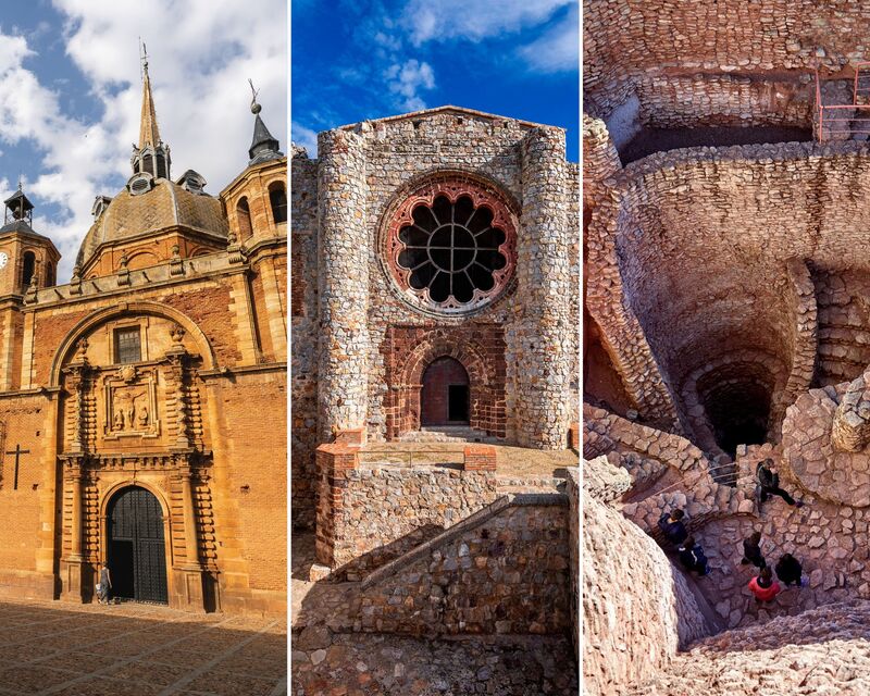 The 18th-century church of Cristo del Valle; the 46,000-square-meter castle of Calatrava La Nueva; and the prehistoric site of Motilla del Azuer. © Left: MICHELIN / Center: Castilla-La Mancha Tourism / Right: Castilla-La Mancha Tourism