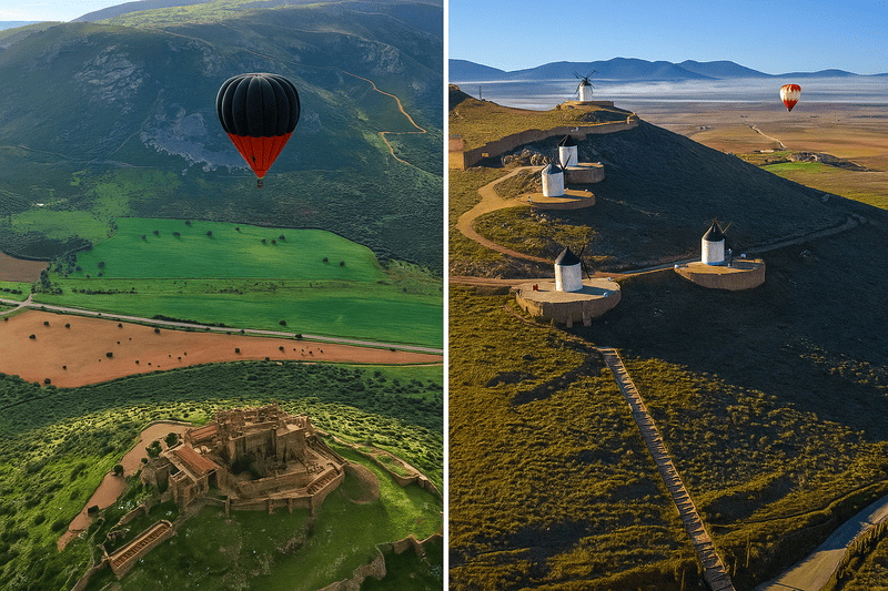 Fly over the entire province of Ciudad Real in a hot air balloon and enjoy a different perspective of the land of Don Quixote. © Left: Globos Castilla La Mancha / Right: © Globos Castilla La Mancha