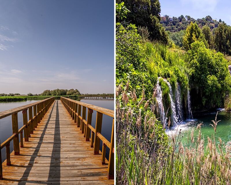 Las Tablas de Daimiel Wetland, Biosphere Reserve; and one of the beautiful waterfalls of the Lagunas de Ruidera, rich in biodiversity. © MICHELIN. / Right: © Jose Ramiro Laguna/iStock