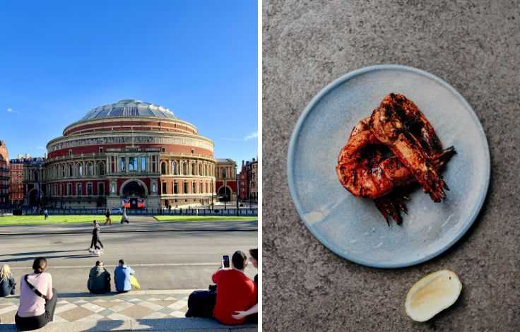 The Royal Albert Hall, home to a variety of concerts, and a Mexican dish from Cavita. © VV Shots/iStock, Diego Padillana