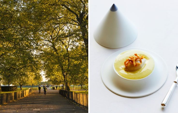 Hyde Park in the autumn and an exquisite dish from Brooklands by Claude Bosi. © helovi/iStock, Sam Harris