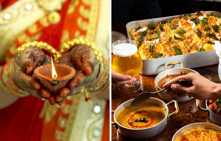 A Diwali oil lamp, used to celebrate the festival of lights, and the food at Brigadiers. © triloks/iStock, Brigadiers