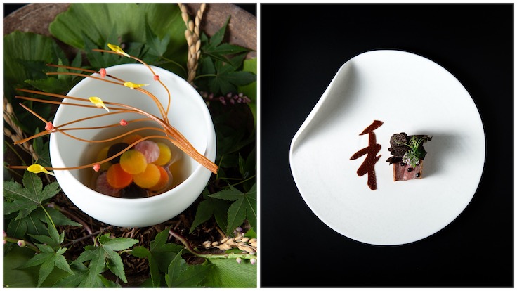 L-R: Mushroom Consommé and the restaurant's signature Wagyu Cutlet