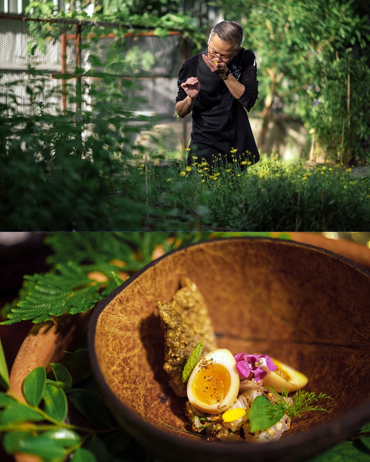 Chef Chantrawan at his authentic Thai restaurant, housed in a century-old villa, presenting his latest menu creation. (© Anuwat Senivansa Na Ayudhya/ MICHELIN Guide Thailand)