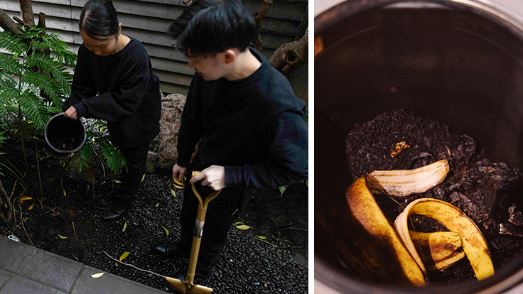 生ごみを処理するスタッフ(左)と微生物による分解を利用したコンポストマシーン(右)© Nathalie Cantacuzino / L’Effervescence