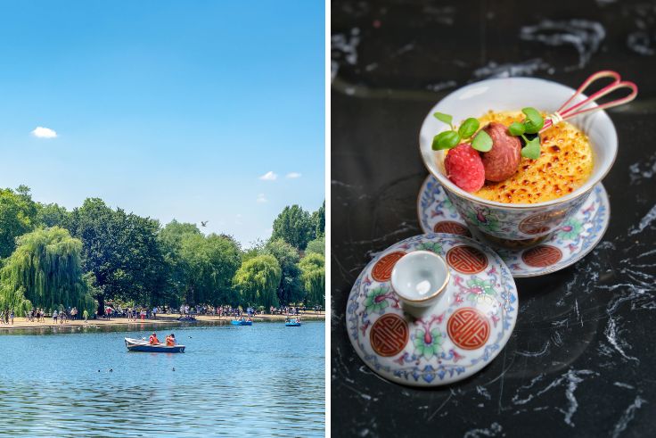 The sparkling Serpentine Lake in Hyde Park and a dessert from the nearby Nanyang Blossom. © Jelena Mbugua/iStock (L), Miranda (R)