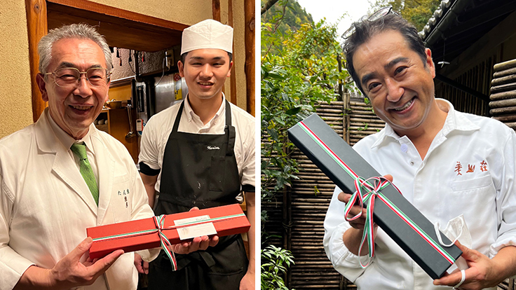 )「たん熊北店」三代目栗栖正博 さん、四代目熊一 さん(左)と「美山荘 」四代目中東久人 さん @ Kyoko Nakayama / The MICHELIN Guide