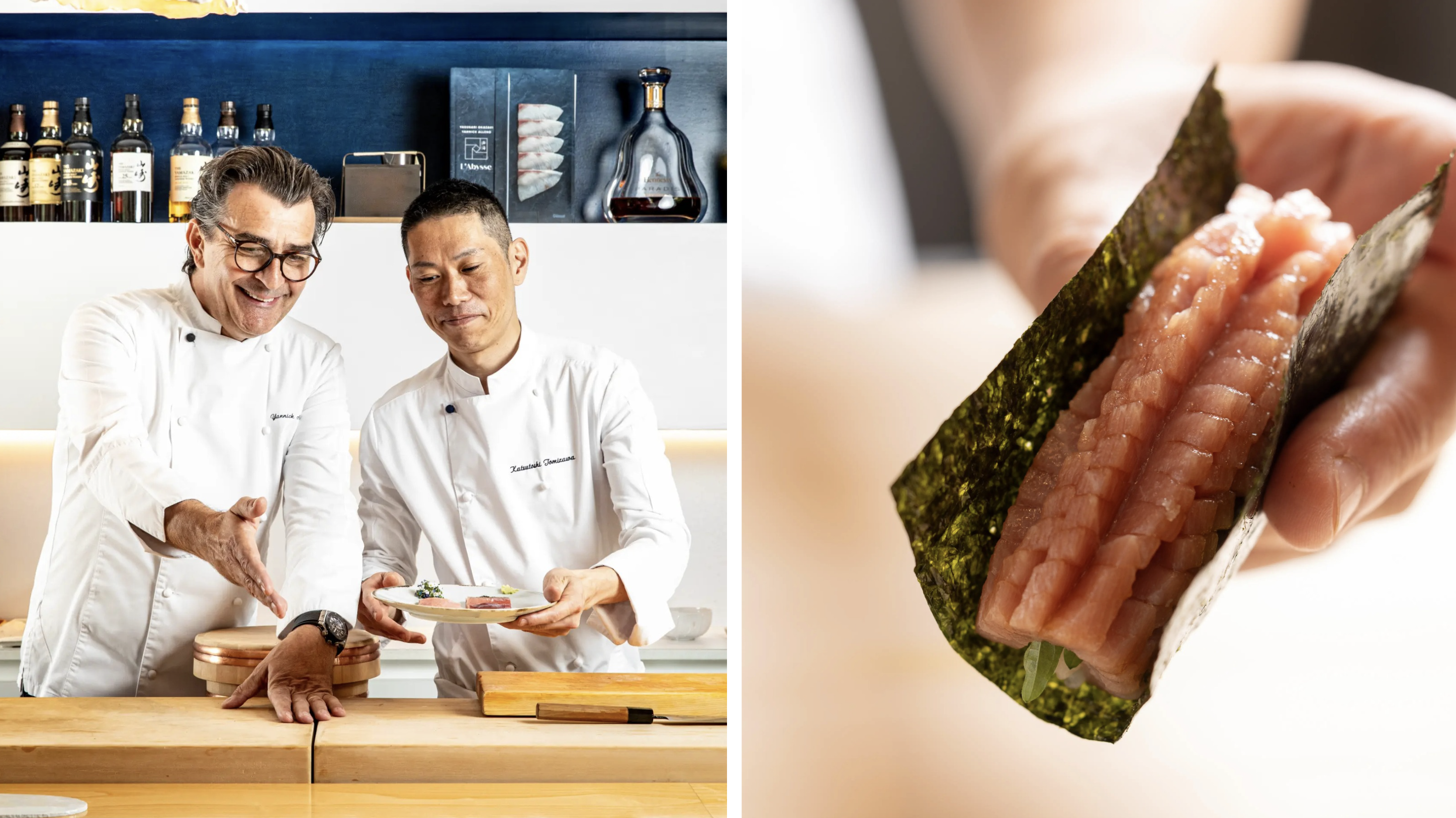 Yannick Alléno et le Maître Sushi Katsutoshi Tomizawa © L'Abysse au Pavillon Ledoyen