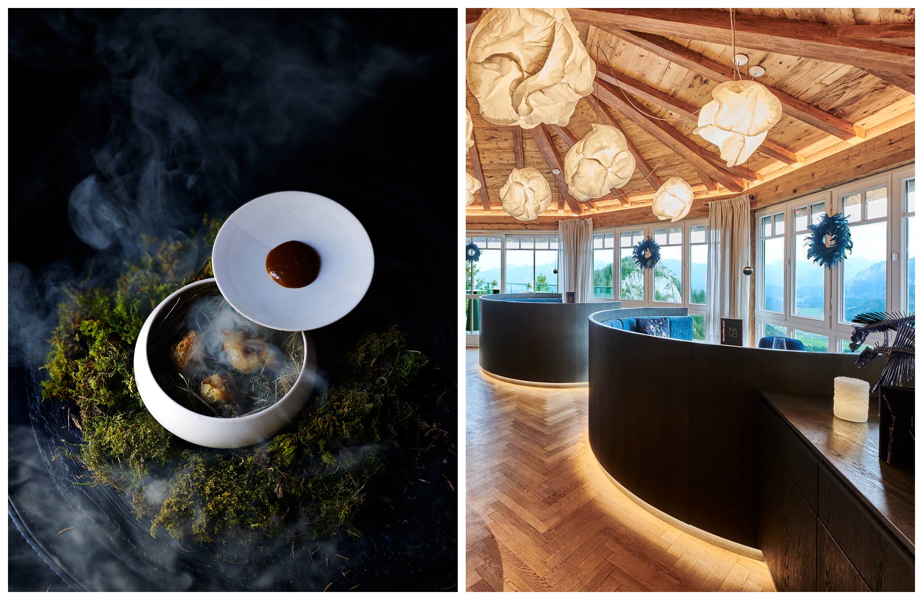 A dish at PAVO (Boutique-Hotel Blaue Burg Falkenstein) half-an-hour away, and the dining room at AMERON Neuschwanstein Alpsee Resort & Spa,  which has dazzling views. © (L) Vivi de Angelo; (R) Paul / PAVO, Burghotel Falkenstein 