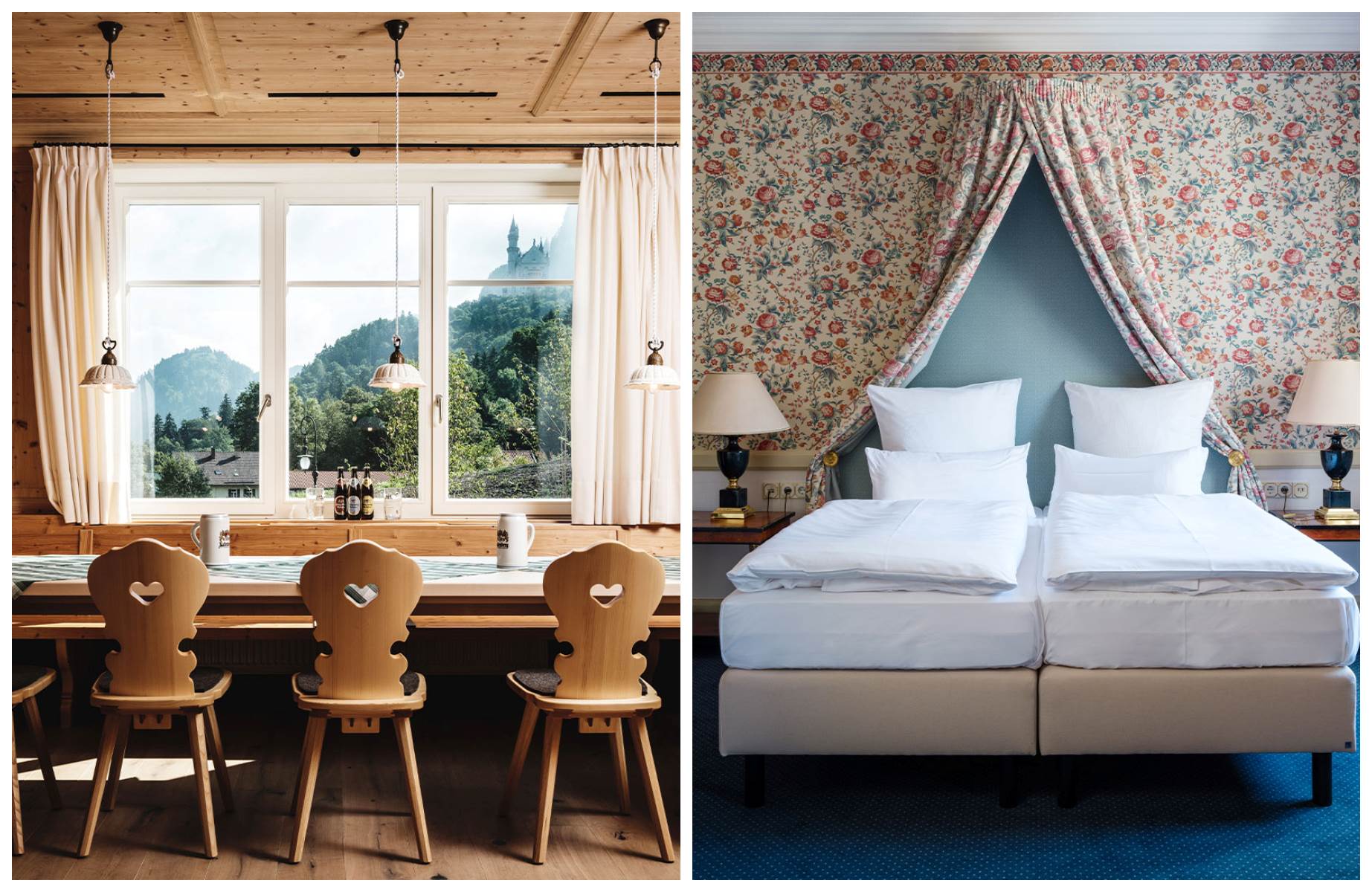 The breakfast space with more of those magnificent views and a cozy guestroom room at AMERON Neuschwanstein Alpsee Resort & Spa. © AMERON Neuschwanstein Alpsee Resort & Spa