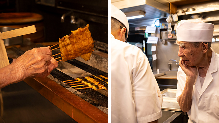 Chef Kanemoto Kenjiro carefully checking the grilled eel (left), and with his team in the kitchen (right) © Hisashi Yoshino / Michelin