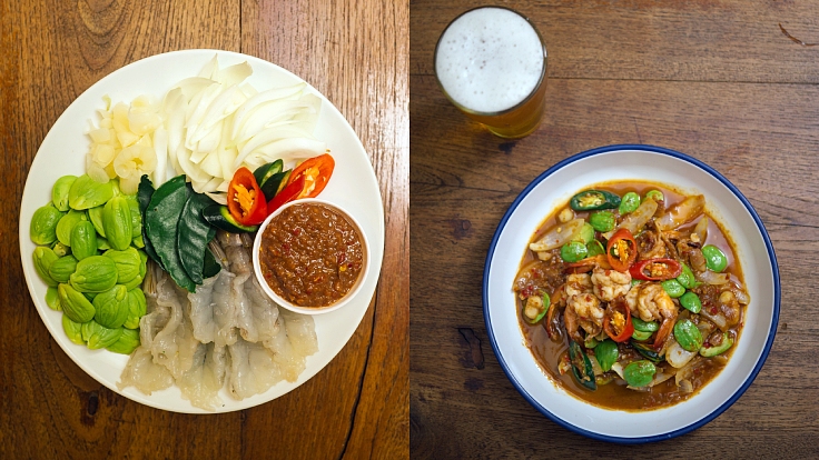 Key ingredients in Janhom’s sato phad kapi kung — a bold Southern Thai stir-fry of stink beans, shrimp, and intensely aromatic shrimp paste. (© Anuwat Senivansa Na Ayudhya / MICHELIN Guide Thailand)