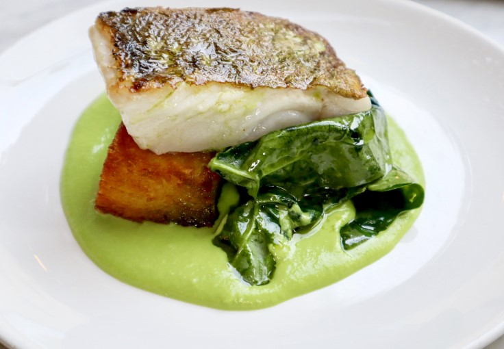 Roast Cod, Spinach, Potato Rösti, Pea Purée, Parsley Oil at Pizarro, London. © Pizarro