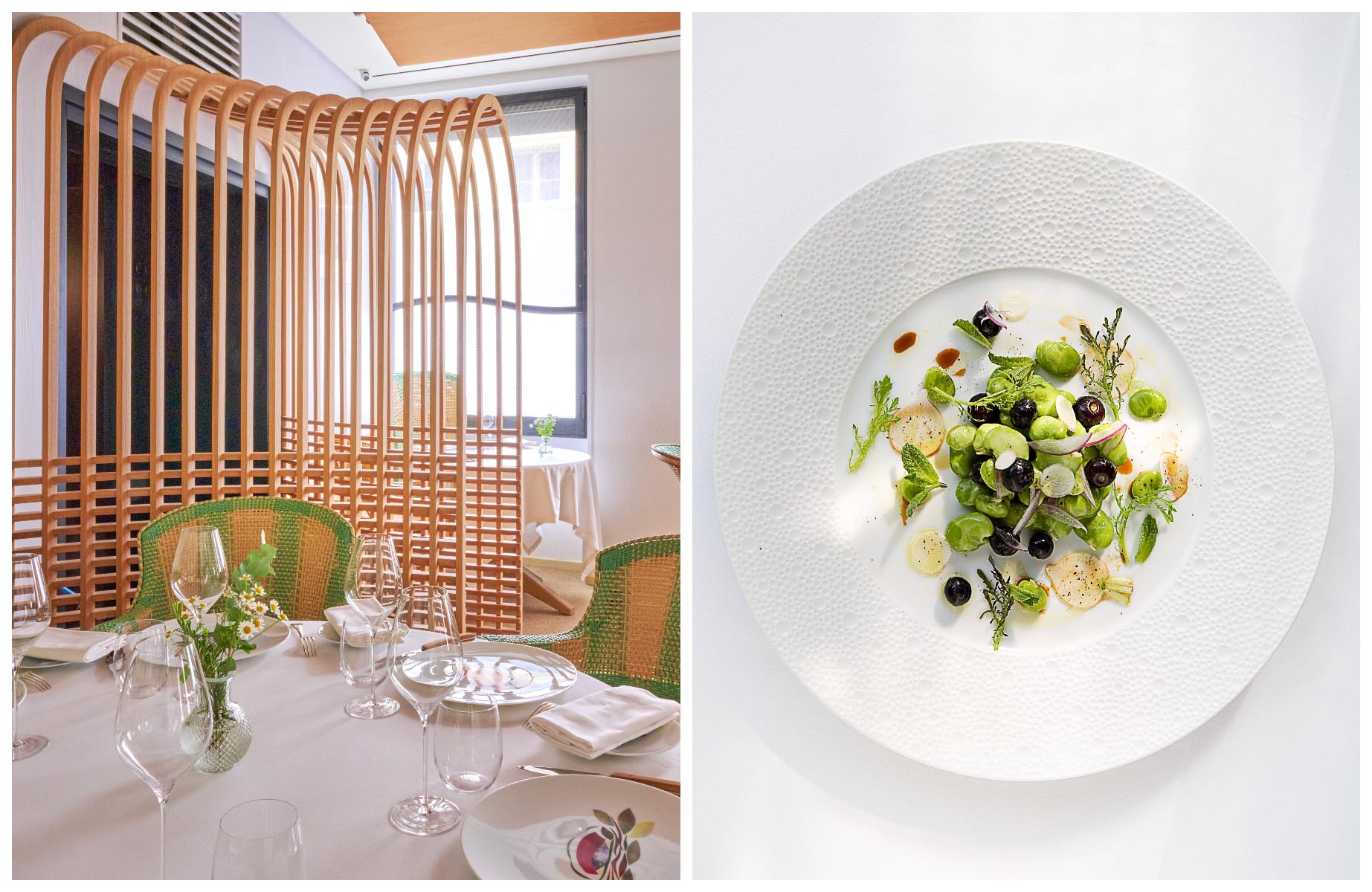 Fidèle à sa philosophie, Alain Passard passe l'étape supérieure du 'tout-végétal'. © Bernhard Winkelmann/Arpège (intérieur) Sophie Rolland/Arpège (plat)