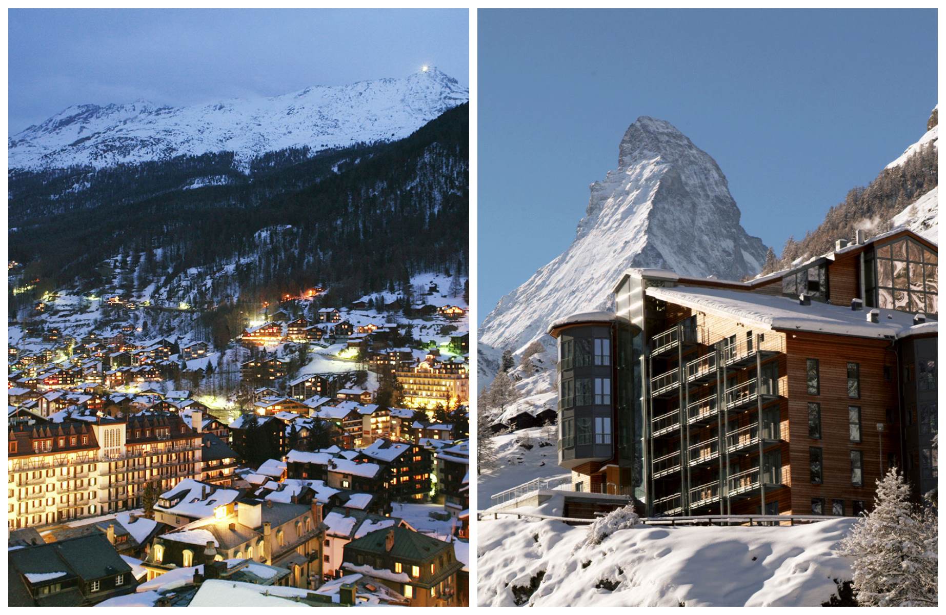 The view of Zermatt from above and Omnia hotel with the alps jutting out from behind. © Omnia Zermatt