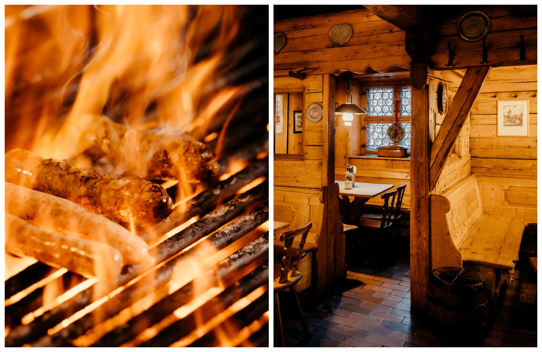 Grilled meats and chalet style interiors at Bratwursthäusle restaurant in Nuremberg, Germany. © Bratwursthäusle