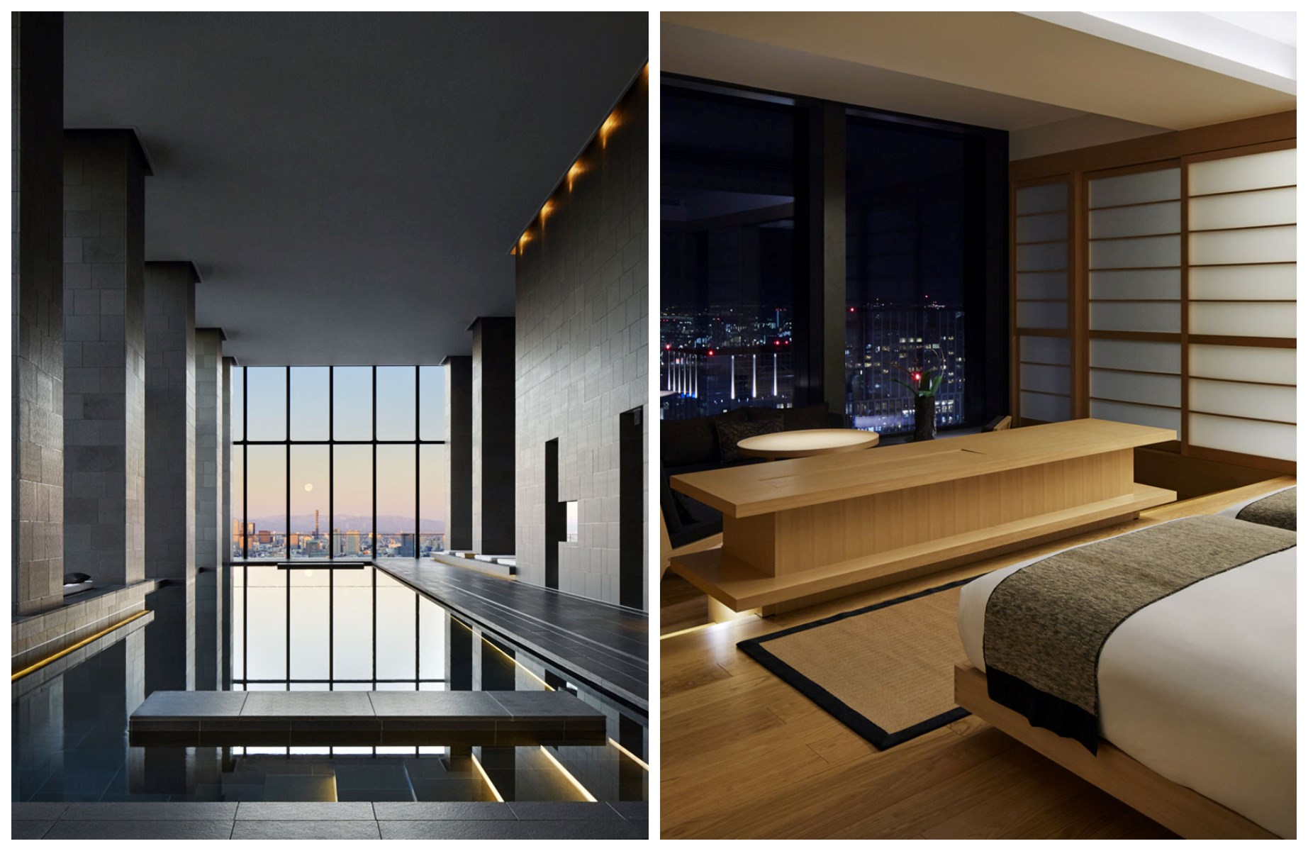 The pool that overhangs the city and a blond wood room at the Aman in Tokyo. © Aman Tokyo