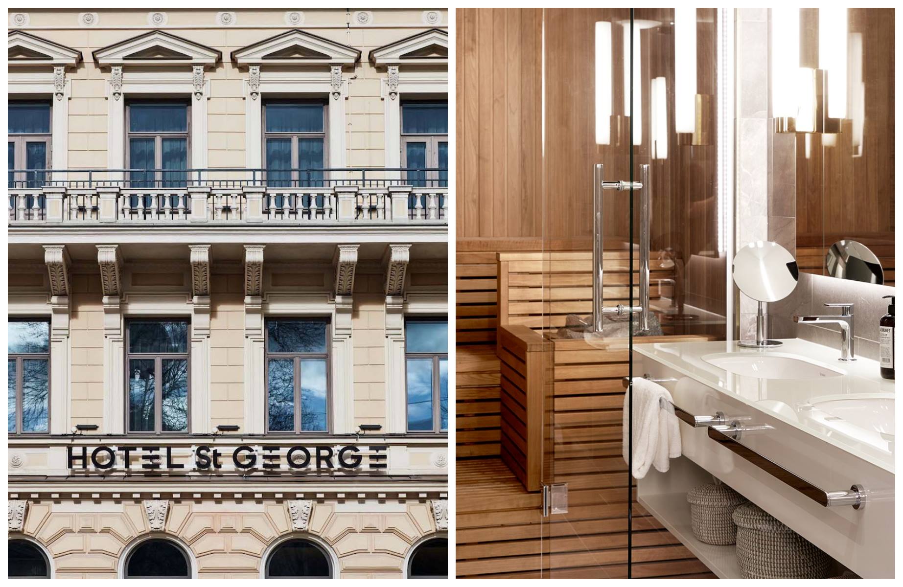 The exterior and sauna bathrooms at Hotel St. George Helsinki, Finland. © Hotel St. George Helsinki