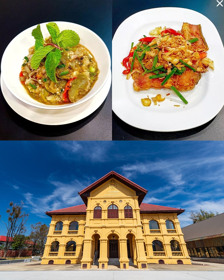 Delicious dishes at Krua Khun Nid and the photogenic architecture of the Udon Thani City Museum. (© MICHELIN Guide Thailand, Tourism Authority of Thailand)