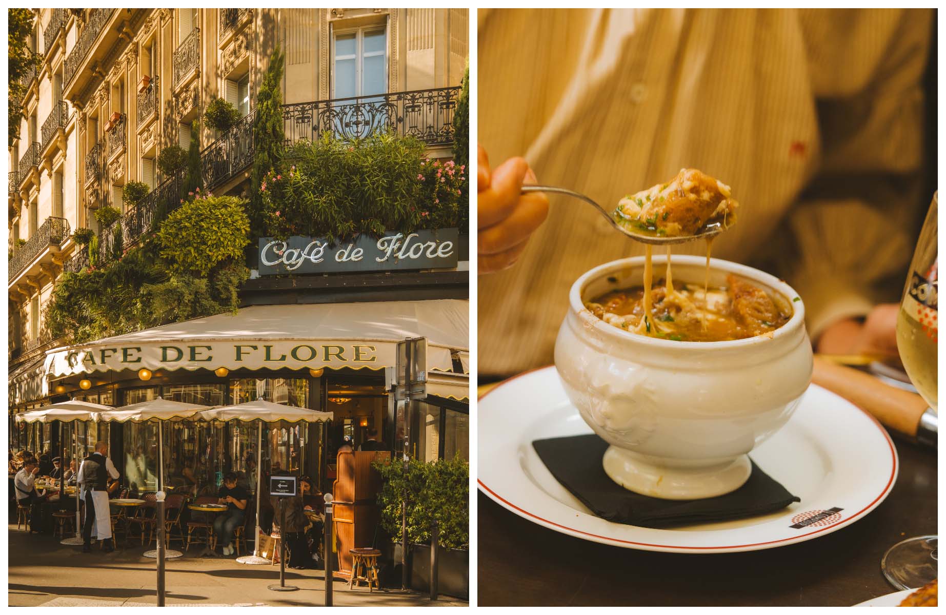 The sun-dappled terrace of the iconic Café de Flore, and hearty onion soup at Le Comptoir du Relais, Paris. ©Joann Pai/The MICHELIN Guide