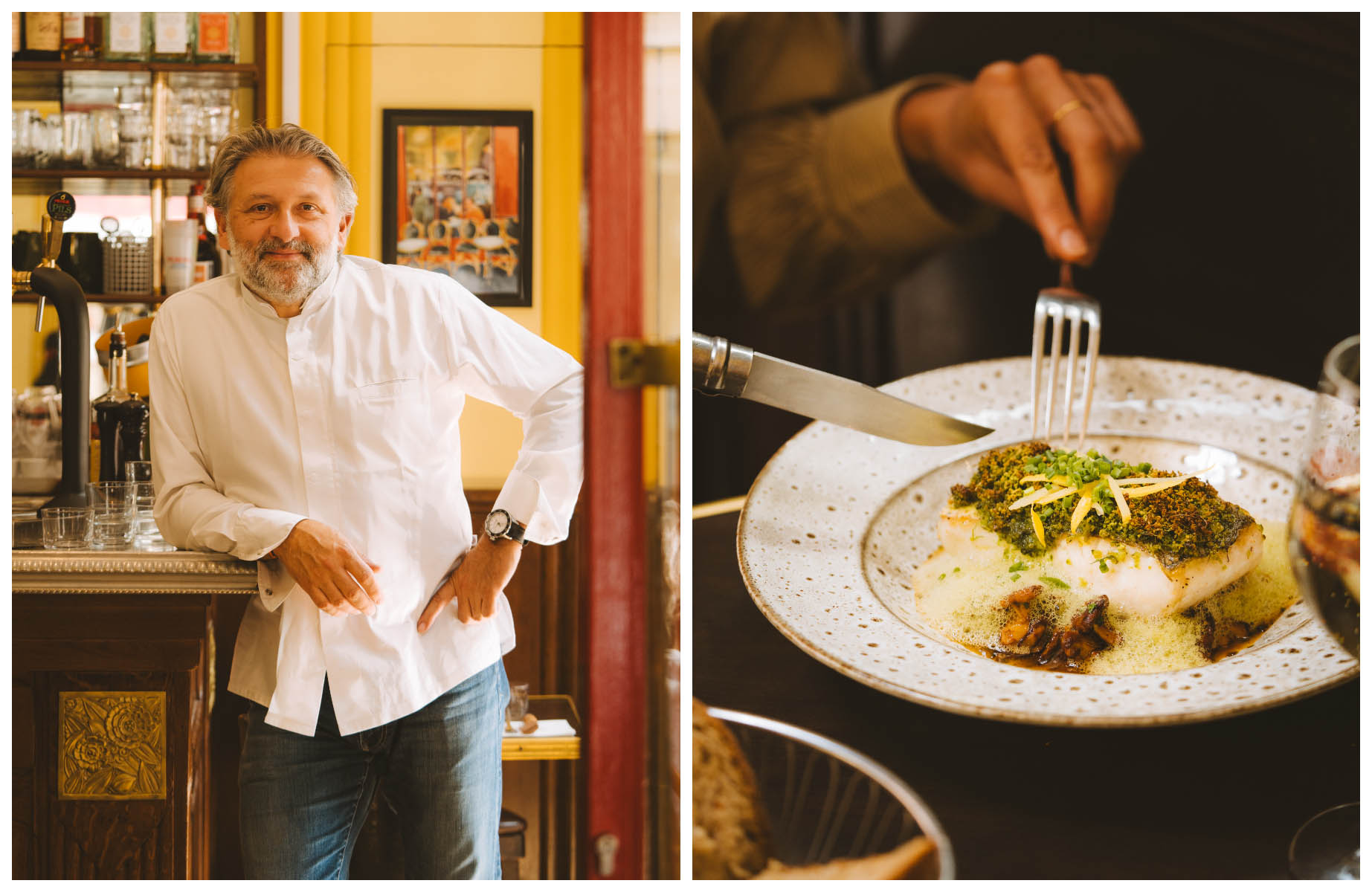 Bruno Doucet, chef of Le Comptoir du Relais restaurant in Saint-Germain-des-Prés, and an autumnal white fish dish. ©Joann Pai/The MICHELIN Guide