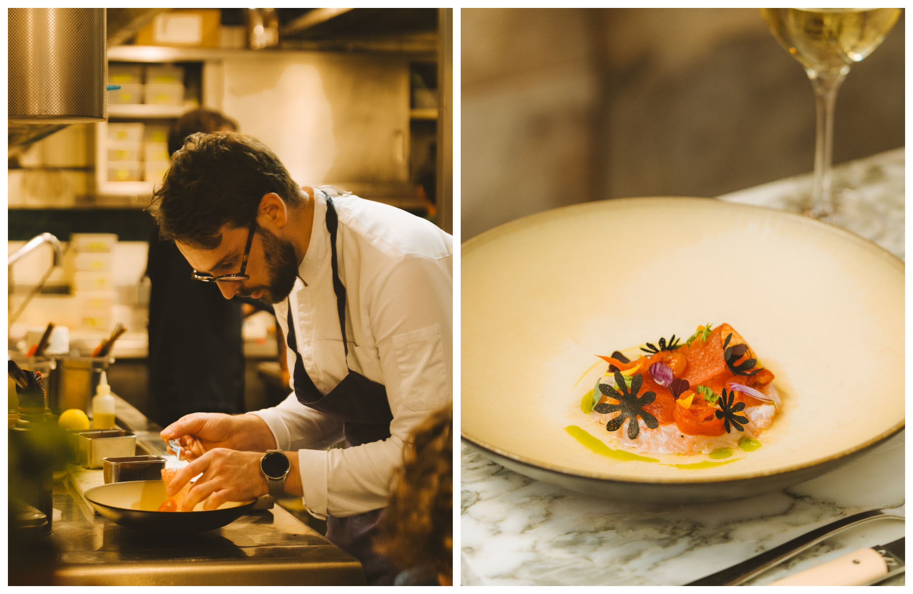 Pablo Tiollier-Serrano, Chef of Semilla and dish in action in his kitchen in Paris. ©Joann Pai/The MICHELIN Guide