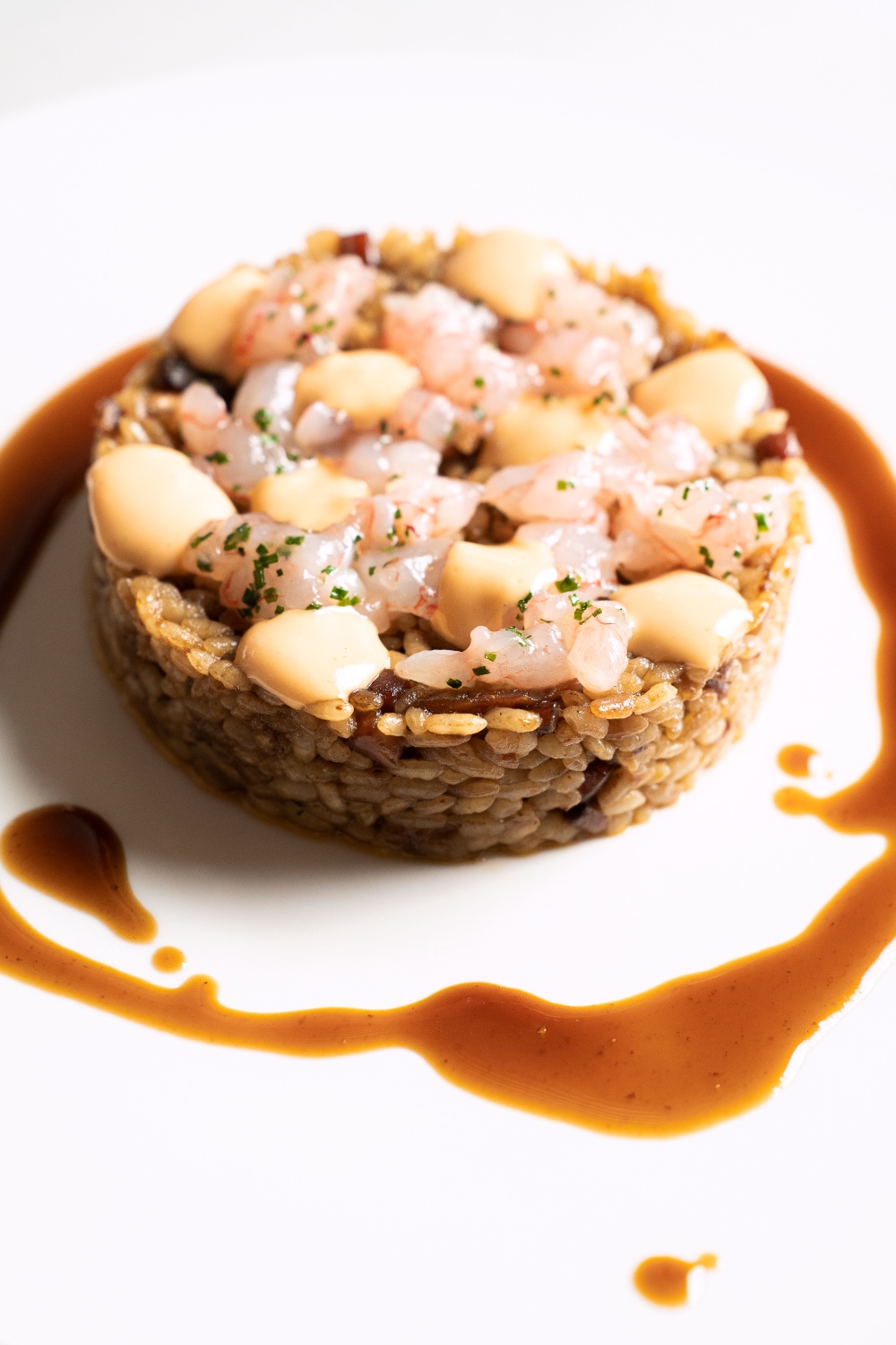 Pequeño arroz seco, tartar de gamba roja de Palamós, emulsión de sus cabezas y carpaccio de pies de cerdo (homenaje a Els Tinars). © Maleducat