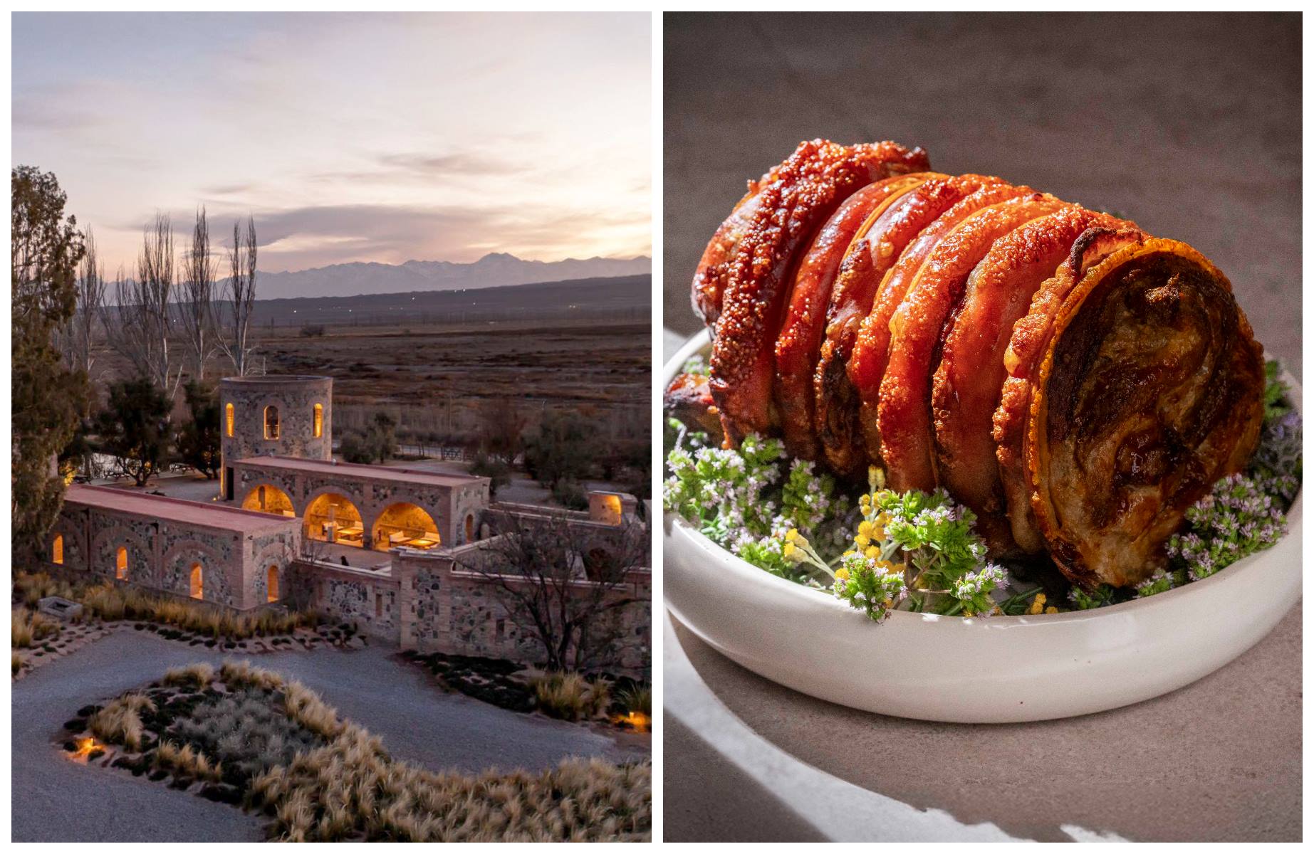 The Italian villa spirit at Angélica Cocina Maestra and one dish from its wine-centric menu. © Rodrigo Rosas/Angélica Cocina Maestra