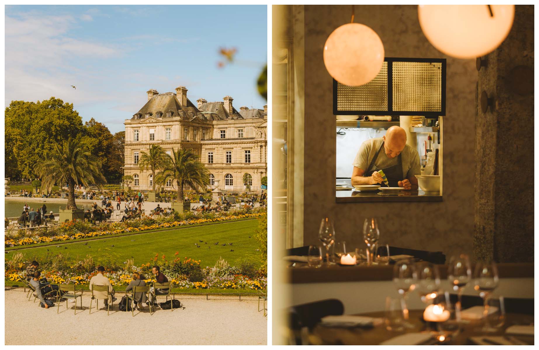 The picturesque Luxembourg Gardens in the autumnal sunshine, and Antonin Bonnet, the Chef-Owner of MICHELIN-Starred restaurant Quinsou, in his kitchen, in Saint-Germain-des-Prés. ©Joann Pai/The MICHELIN Guide