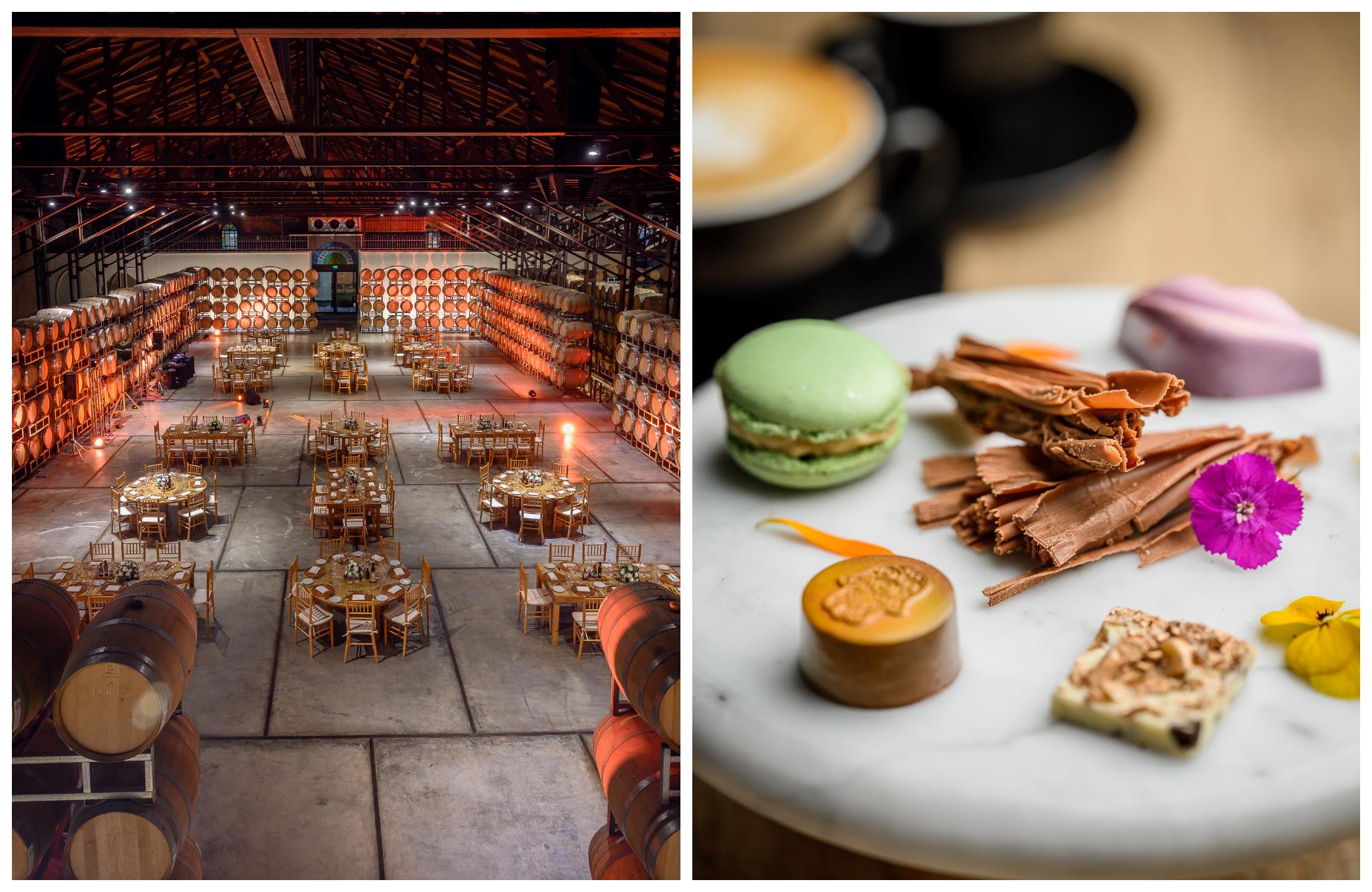 Celebrations take place among barrels at Los Toneles and Abrasado's petit fours. © Left: Bodega Los Toneles / Right: Sena & Asociados/Abrasado
