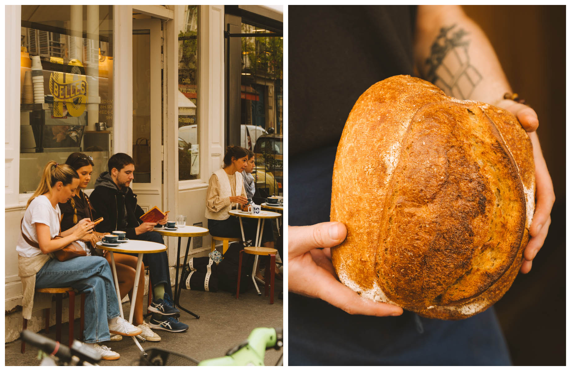 Locals reading and enjoying coffee on the terrace of Ten Belles bakery, and one of their beautiful loaves of bread in Paris. ©Joann Pai/The MICHELIN Guide