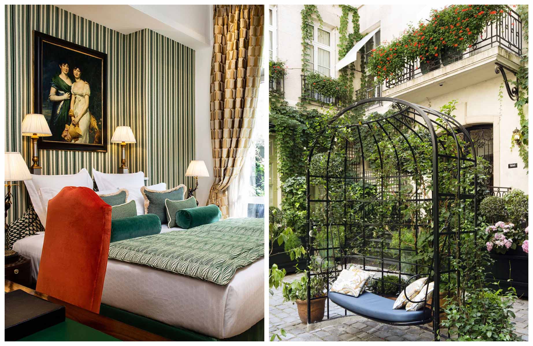 A regal room and the quiet inner courtyard at the Relais Christine hotel in Saint-Germain, Paris. © Relais Christine