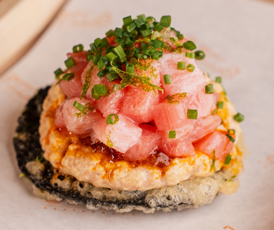3Fils Abu Dhabi's toro tostada is made with Otoro tuna, foie gras ganache, nori tostada, ponzu jelly, la-yu, lime zest and chives. Image credit:  Seif El-Beheery/3Fils Abu Dhabi