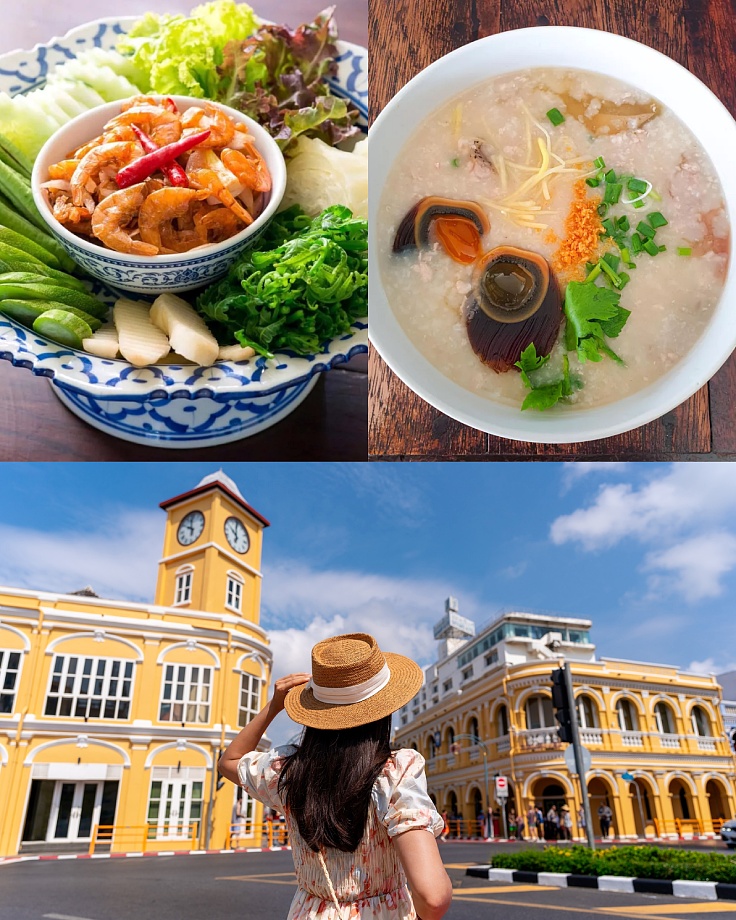 Enjoy delicious food at Chom Chan and Khao Tom Thanon Dibuk, and tuck into veggie treats and take in Phuket Old Town’s charm. (© Michelin, Shutterstock)