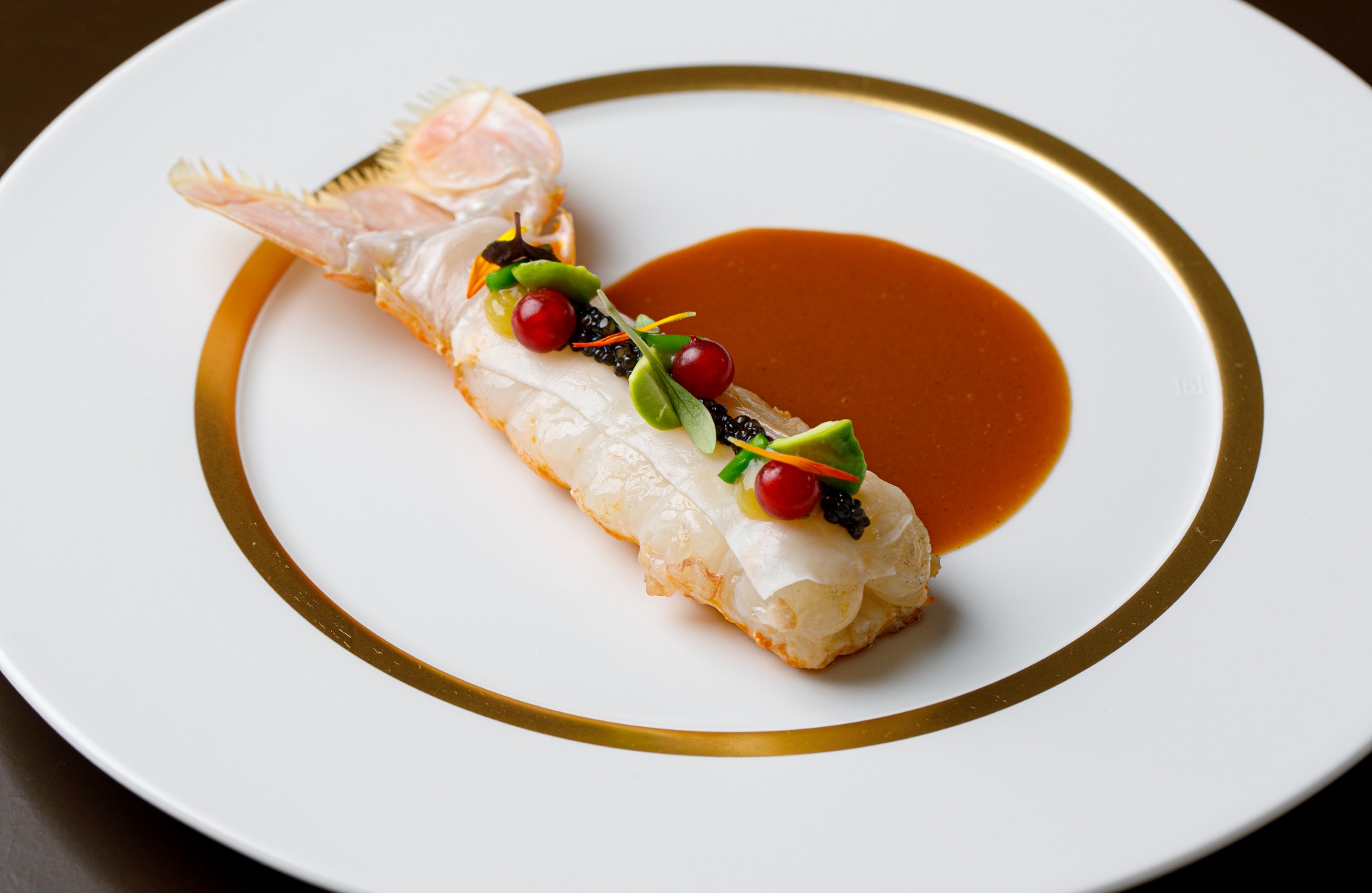 Olivo at al Mahara_- Scampo Fava beans, colonnata-s lard, green asparagus, ribes and citrus fruits