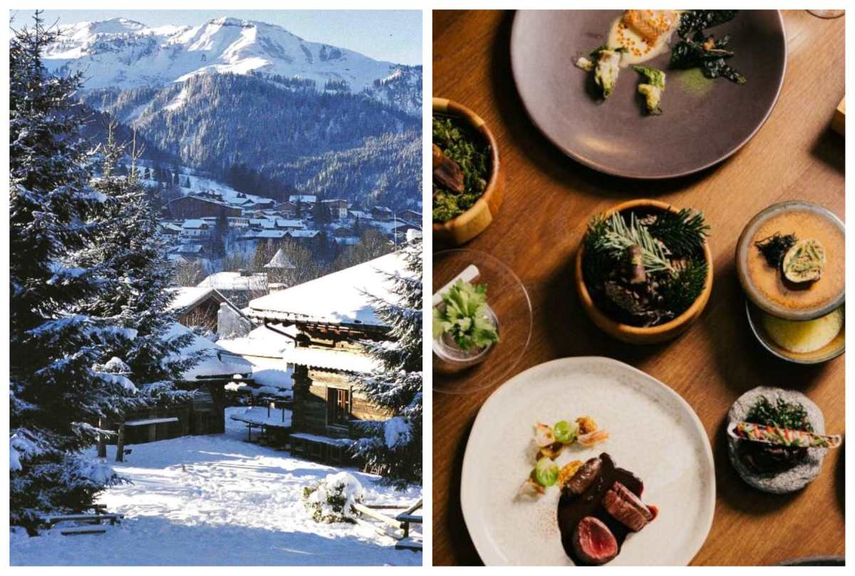 The view of the mountains from Les Fermes de Marie hotel in Megève and a spread of Savoyard dishes at MICHELIN Starred La Table de l'Alpaga. © Les Fermes de Marie / La Table de l'Alpaga